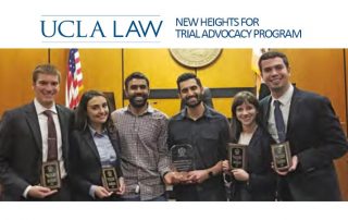 UCLA Law Cappello Trial Team members Corey Wilson ’20, Mikayla Wasiri ’20, coaches Neil Thakor and Rahul Hari, Delaney Gold-Diamond ’21 and Avery Hitchcock ’21 after the 2019 National Civil Rights Trial Competition at UC Davis.