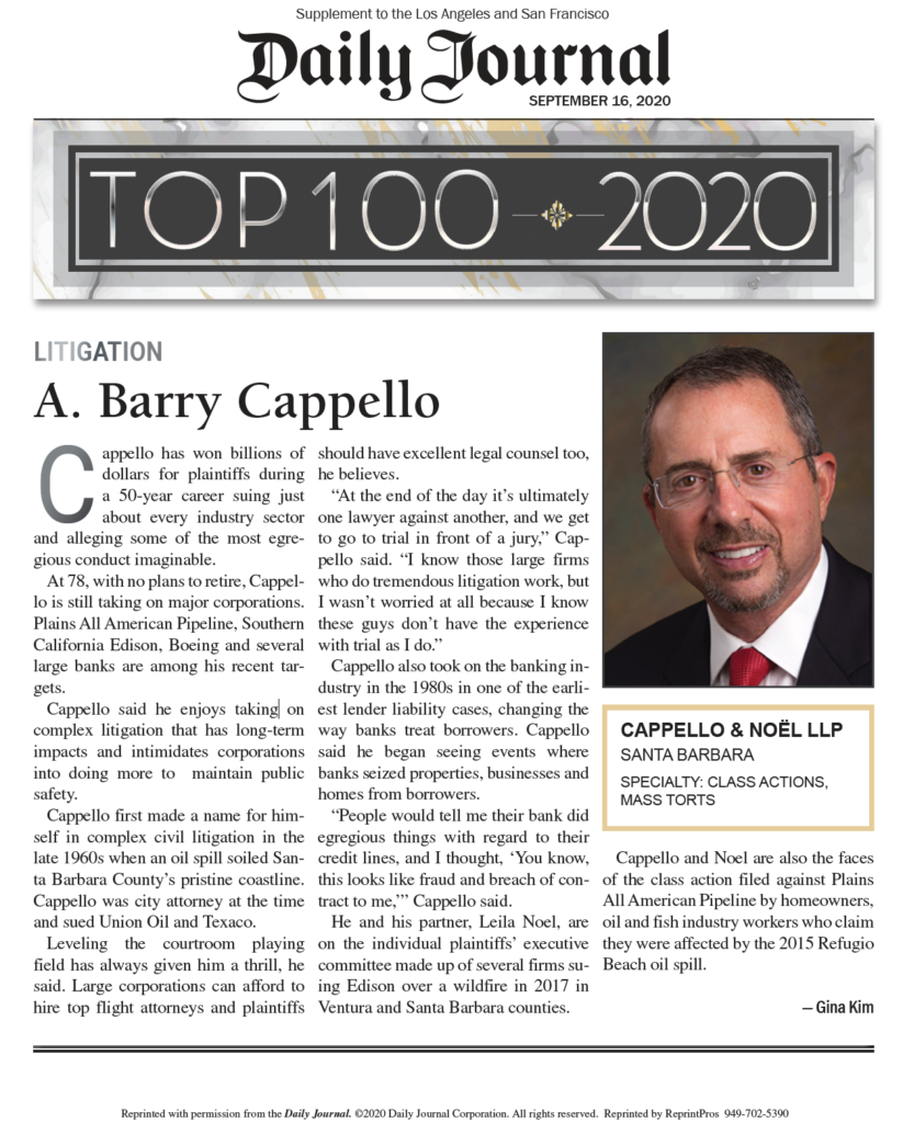 Image of A. Barry Cappello Daily Journal 2020's Top 100 Attorneys